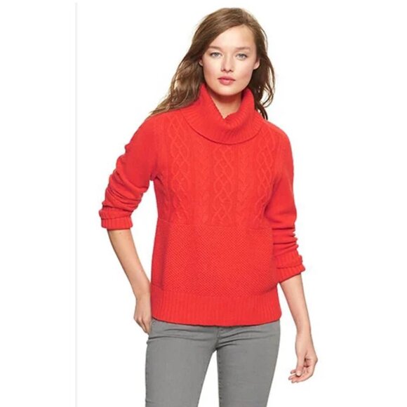 Gap Red Cable Knit Turtleneck Fisherman Sweater S Wool Blend Preppy Academic - Picture 1 of 11